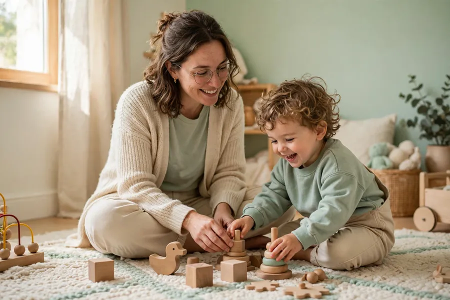 A therapist sitting on the floor playing with a toddler and simple toys