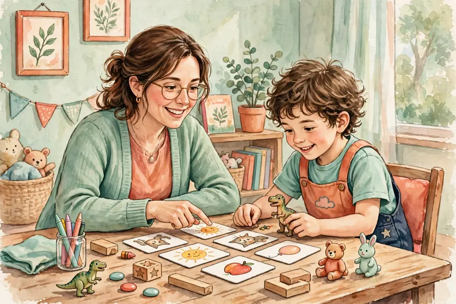 A speech and language therapist playing a fun word game with a child using toy figures