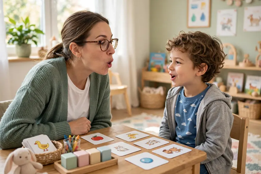 A speech and language therapist showing a young child how to shape their mouth for a sound, using simple picture cards at a table