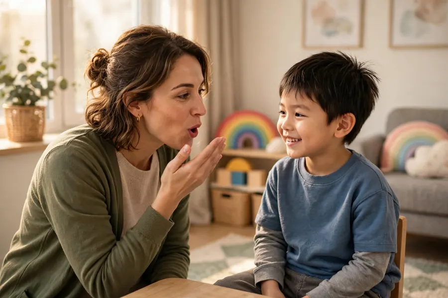 A speech and language therapist showing a child the mouth shape for a speech sound during a session