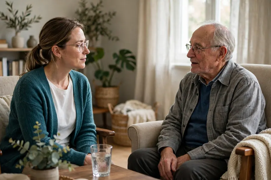 A therapist sitting with an older man at home, talking together during a speech therapy session
