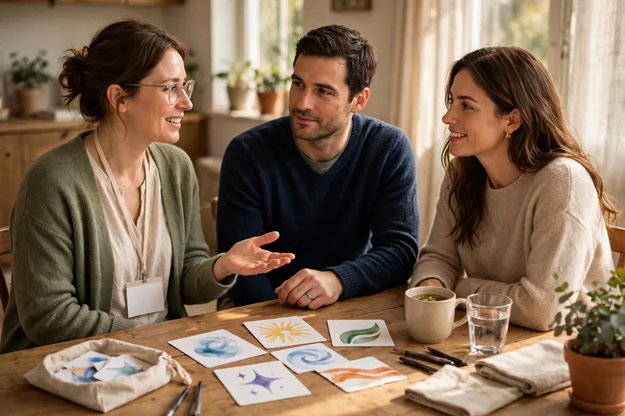 A speech and language therapist talking with a couple at a table at home, picture cards between them