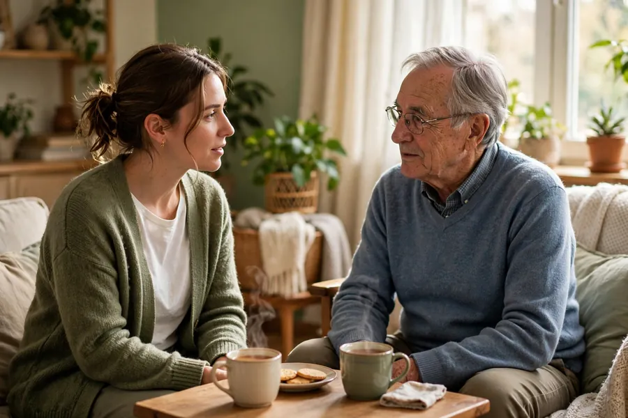 A therapist sitting with an older man in his living room, talking together