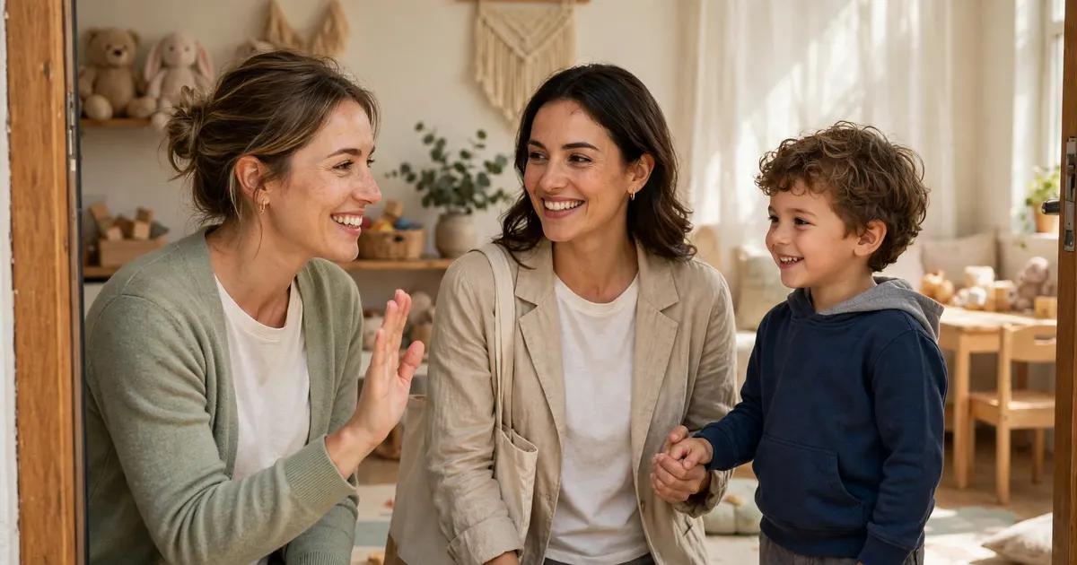 A speech and language therapist warmly welcoming a mother and young child at the door of a bright therapy room