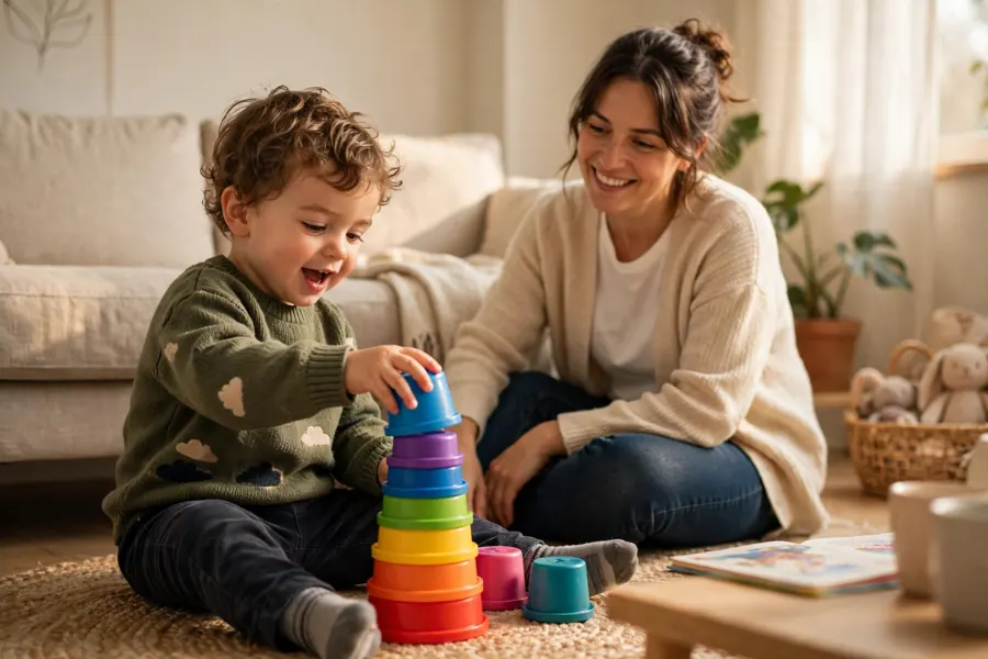 A toddler babbling and playing with stacking cups on the floor while a parent watches and smiles