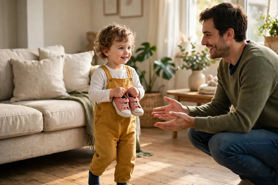 A toddler proudly carrying their own small shoes across the living room towards a smiling parent