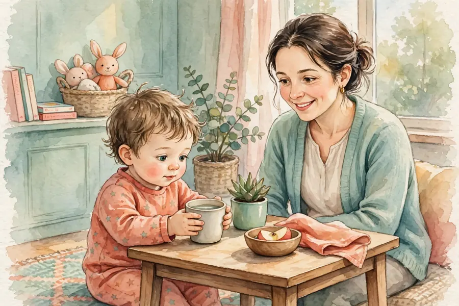 A toddler drinking from an open cup at a table while a parent sits nearby