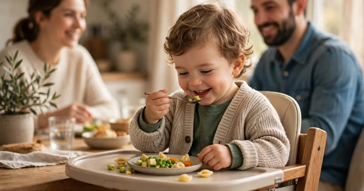 A smiling toddler sitting in a high chair at a family table, happily eating from a small plate of food