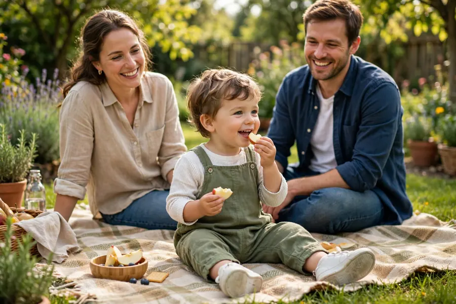 A happy toddler enjoying a snack on a picnic blanket in a sunny garden with family nearby