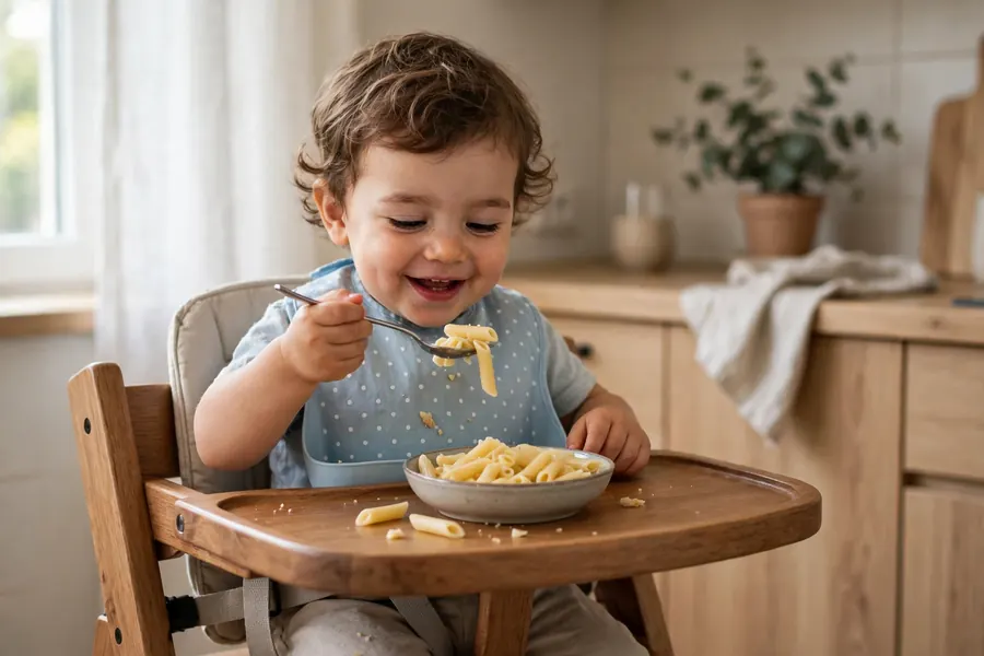 A toddler sitting in a high chair at home, happily eating a small bowl of plain pasta