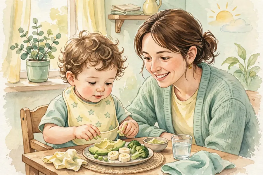 A toddler sitting at a table happily exploring pieces of soft food with their fingers while a parent watches nearby