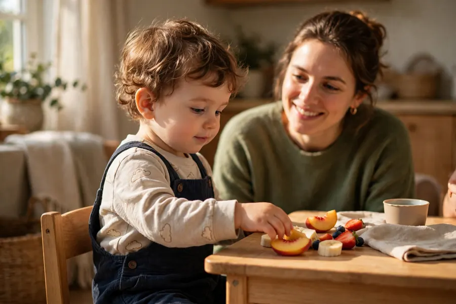 A calm toddler at a small snack table gently touching pieces of soft fruit while a parent watches and smiles