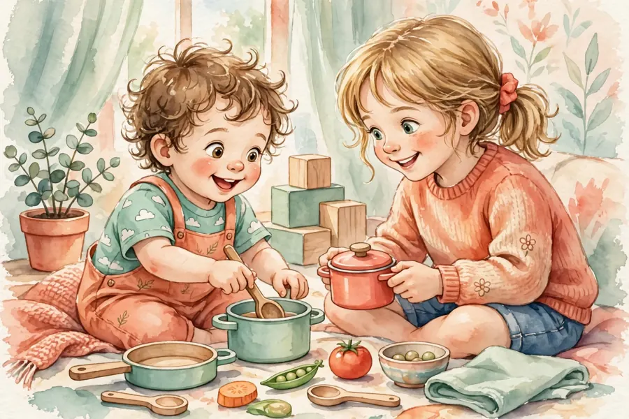 A toddler and an older child playing a pretend cooking game together with toy pots and spoons