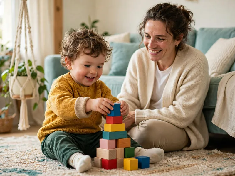 A toddler stacking colourful wooden blocks on a rug