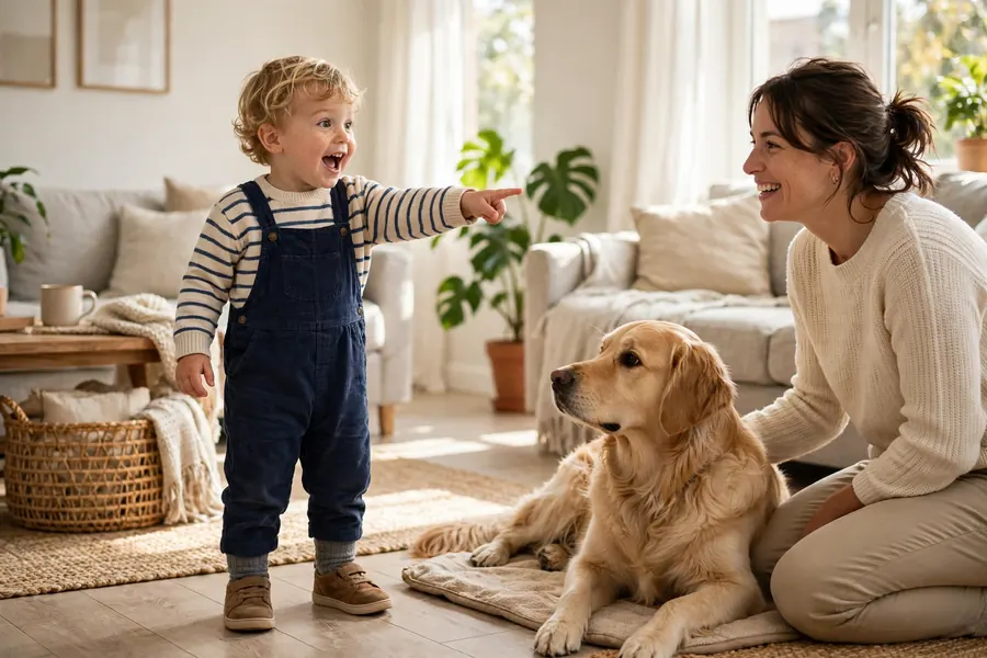 A toddler standing in a living room, pointing excitedly and calling out, while a parent kneels beside the family dog
