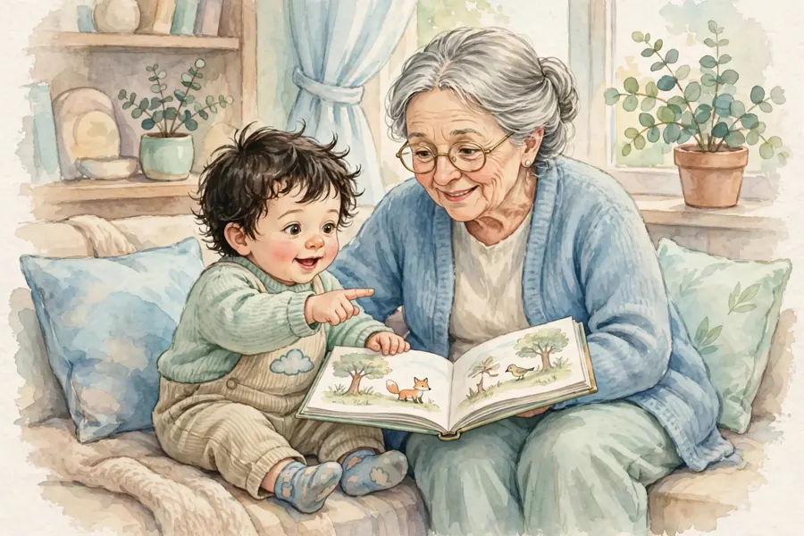 A toddler pointing at a picture in a book while a grandparent looks on and smiles