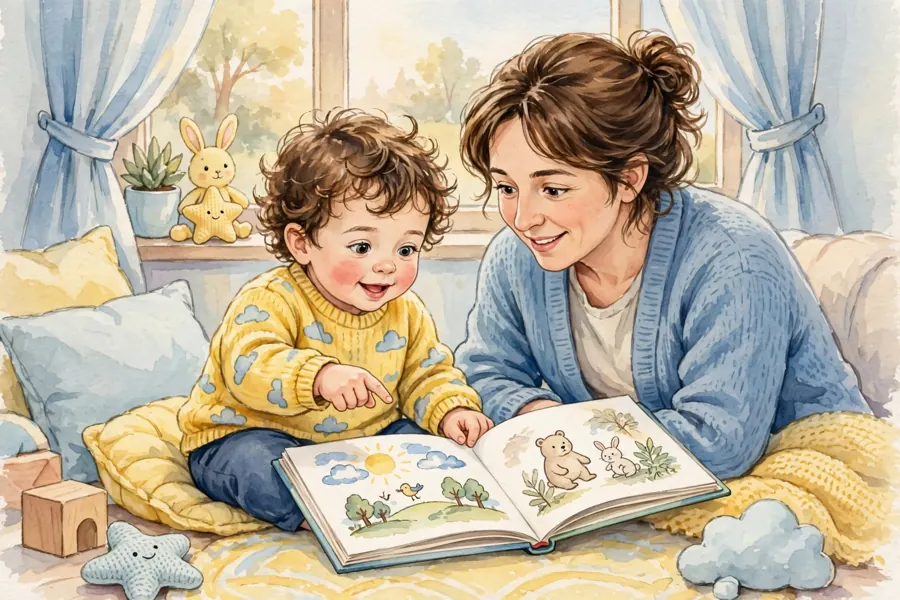A toddler pointing at a picture in a book while a parent looks on and talks about the picture