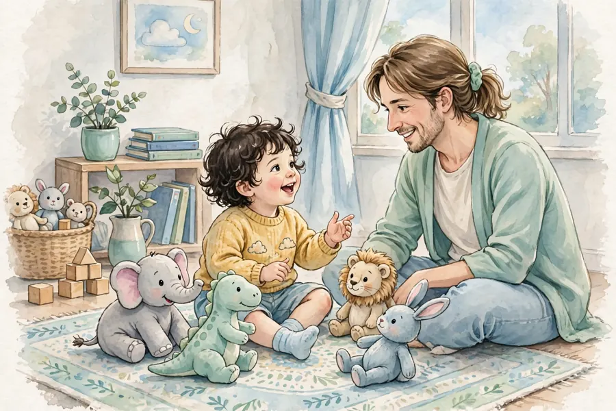 A toddler naming toy animals while playing on a rug with a parent nearby