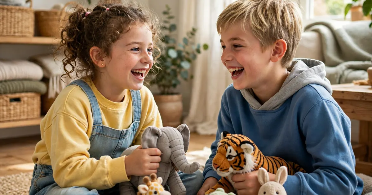 Two children sitting together at home, happily chatting and laughing while they play with toy animals