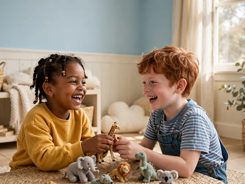 Two young children playing and sharing toys together