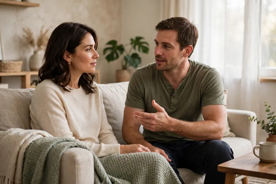 A woman sitting on a sofa at home, listening patiently while her husband speaks