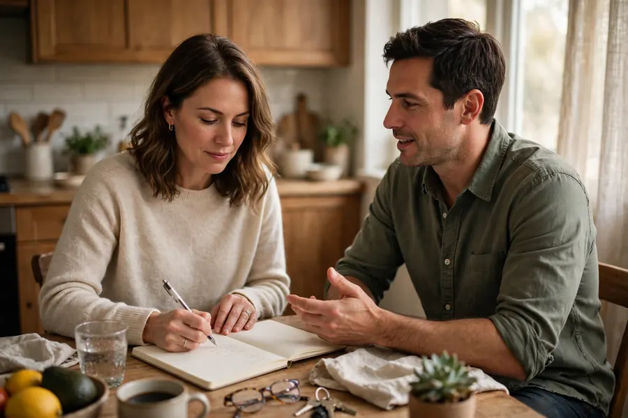 A woman writing a short list in a notebook at home while her husband talks with her