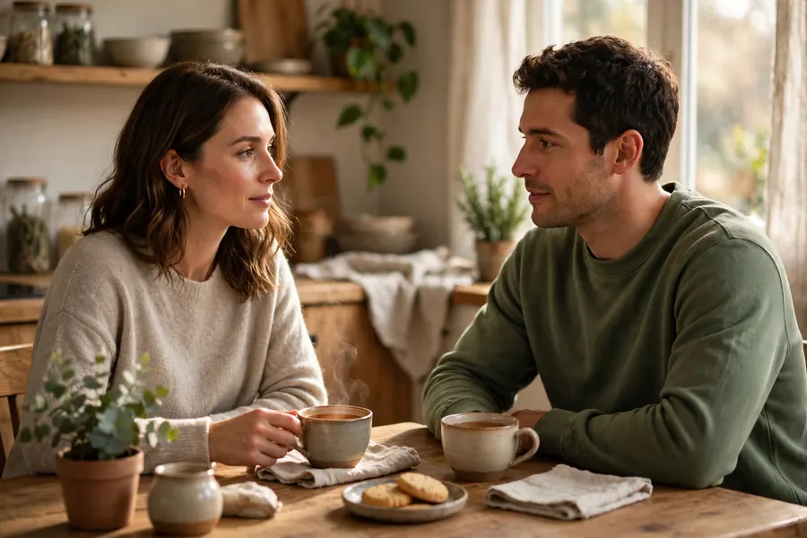 A woman and her partner sitting at a kitchen table, practising conversation together in a calm home setting