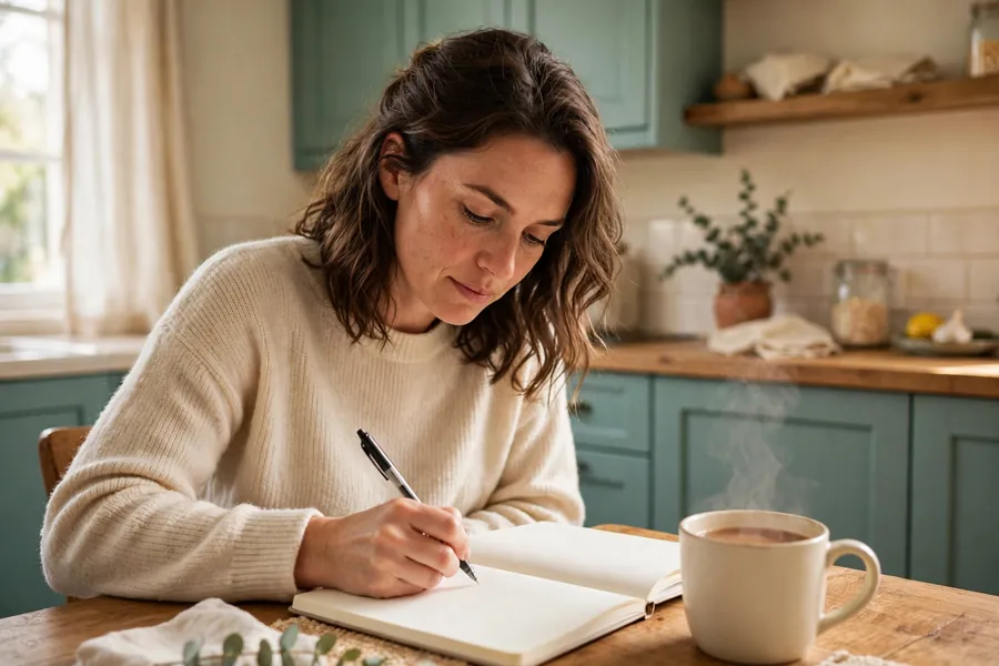 A woman sitting at a kitchen table writing a list in a notebook, with a cup of tea beside her
