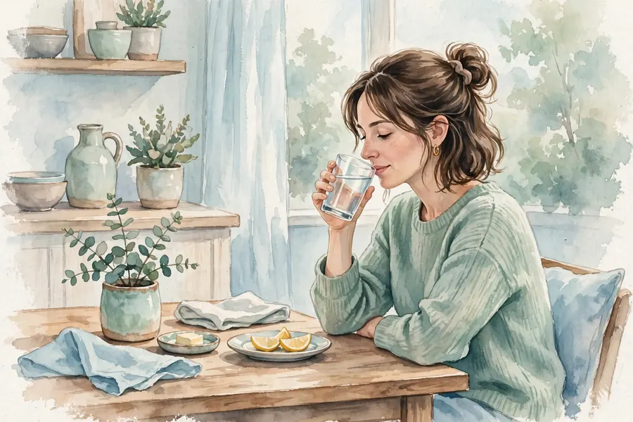A woman at home drinking a glass of water at a kitchen table