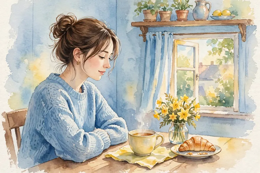 A woman sitting at a kitchen table at home, enjoying a cup of tea