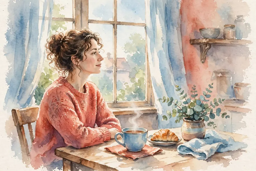 A woman sitting at a kitchen table at home, drinking a cup of tea