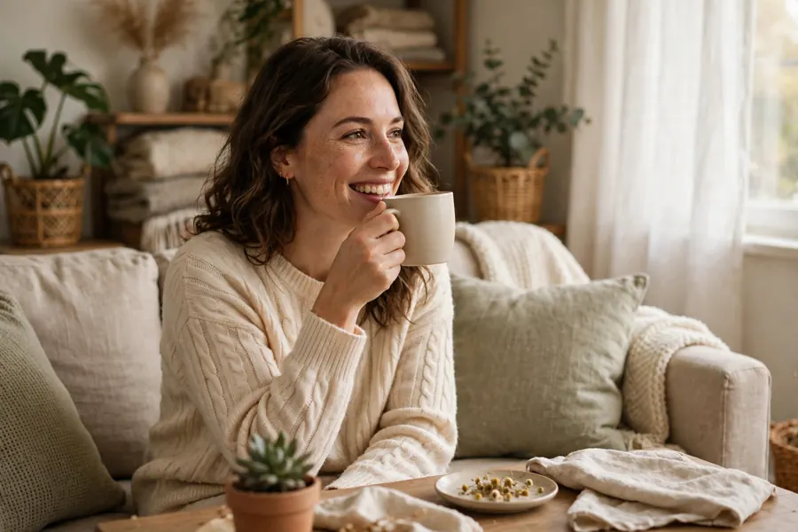 A woman sitting on a sofa at home, drinking a cup of tea and smiling