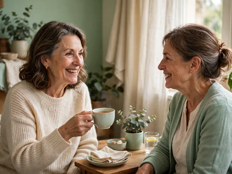 A woman holding a cup of tea and chatting at home
