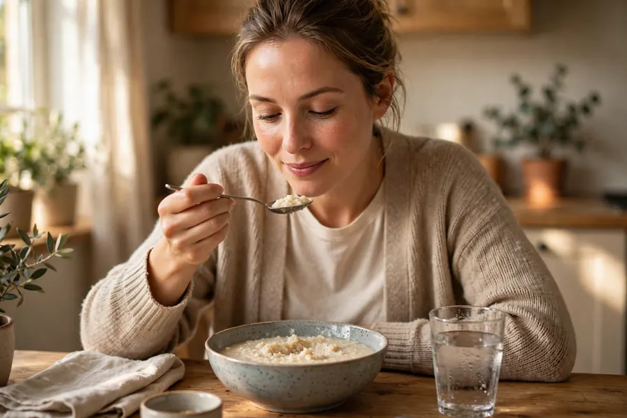 A woman sitting at a kitchen table at home, calmly eating a soft meal from a bowl