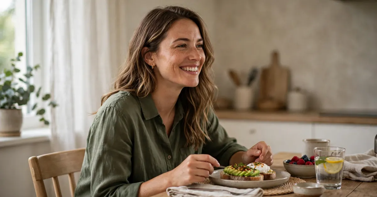 A woman sitting at a dining table at home, smiling as she enjoys breakfast in natural light