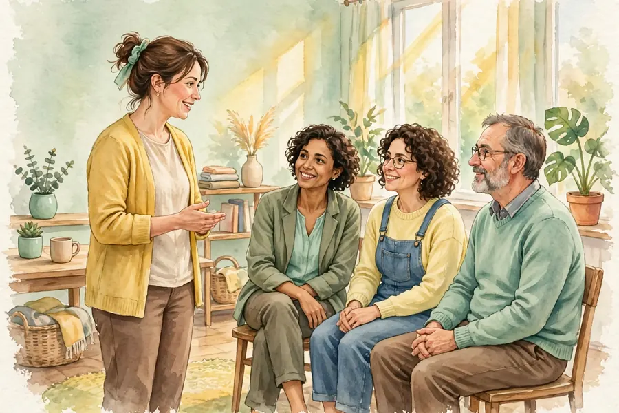 A woman speaking to a small, friendly group of people in a bright community room