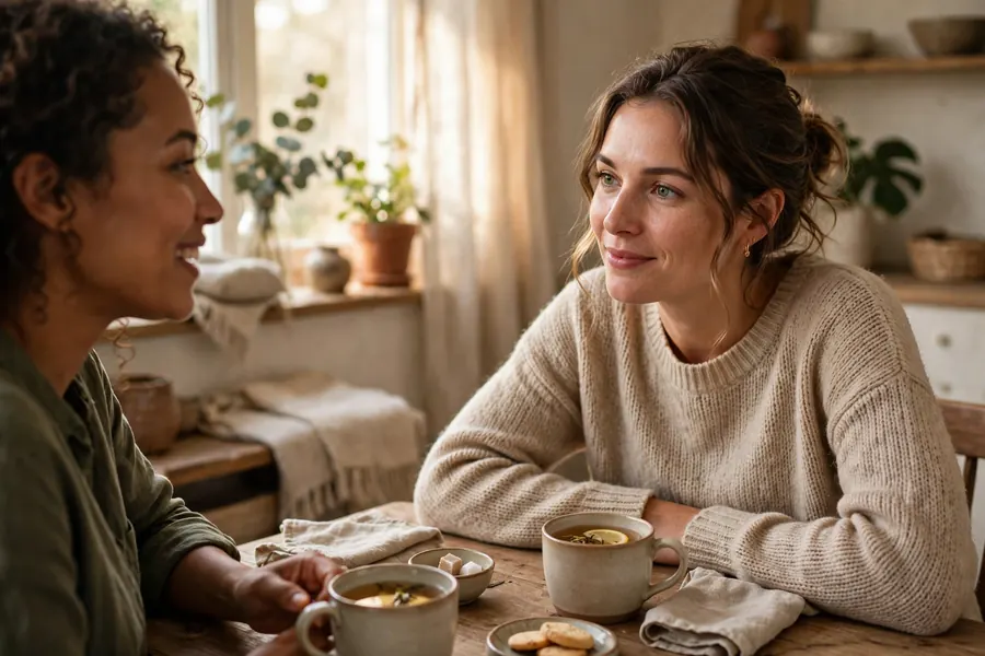 A woman listening carefully to a friend over a cup of tea at home