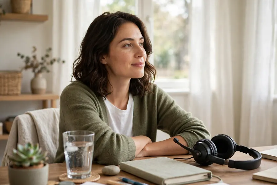 A woman at her desk with a headset resting beside her, pausing between phone calls
