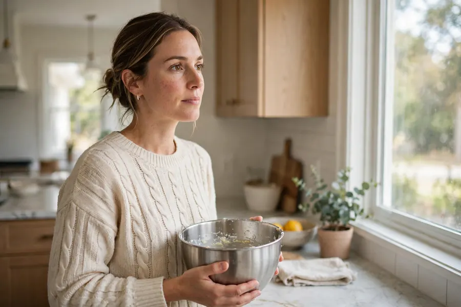 A woman standing in a bright kitchen at home, pausing mid-task with a thoughtful expression