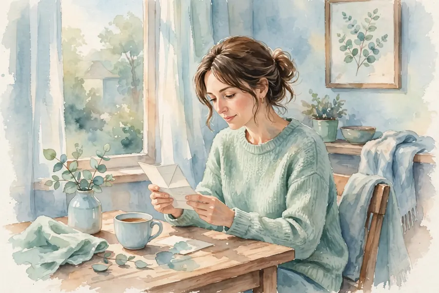 A woman reading a letter slowly at a table at home, following the words with her finger