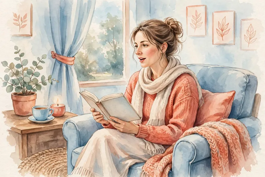 A woman sitting in an armchair at home, reading aloud from a book