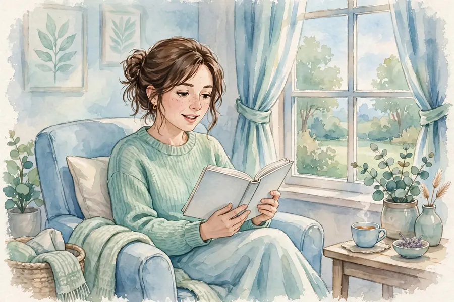 A woman sitting in an armchair at home, reading aloud from a book