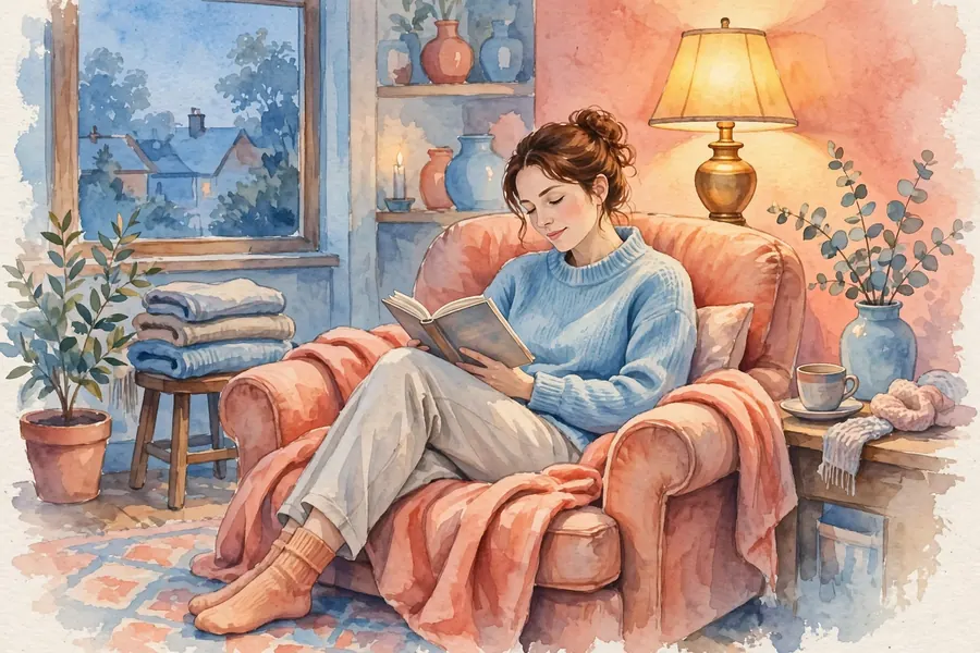 A woman resting in an armchair in the evening, reading a book in soft lamplight