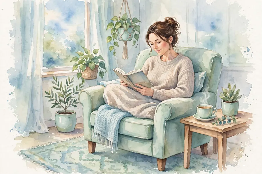 A woman relaxing in an armchair at home, reading a book with a cup of tea nearby