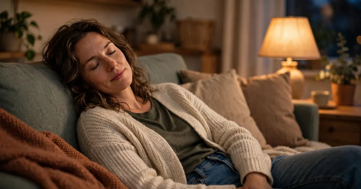 A woman resting on a sofa at home in the evening, enjoying the quiet after a talkative day