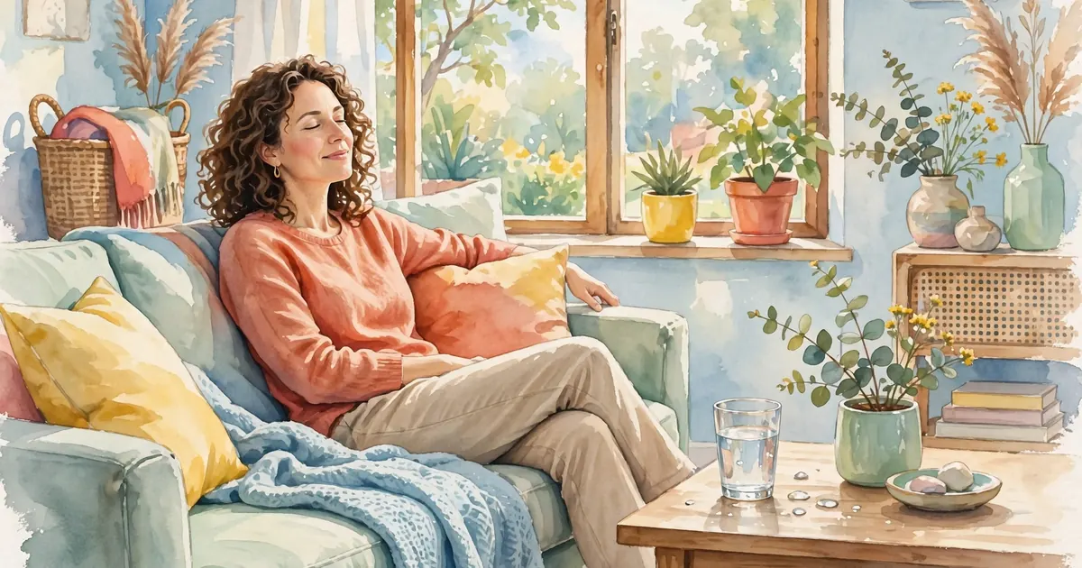 A woman sitting comfortably at home with a glass of water, resting her voice