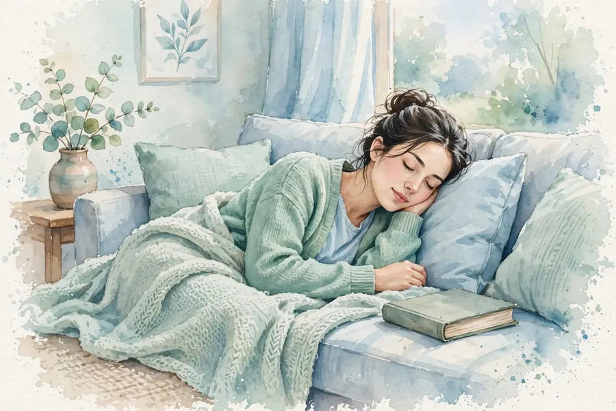 A woman resting on a sofa at home with a book beside her, looking calm and relaxed