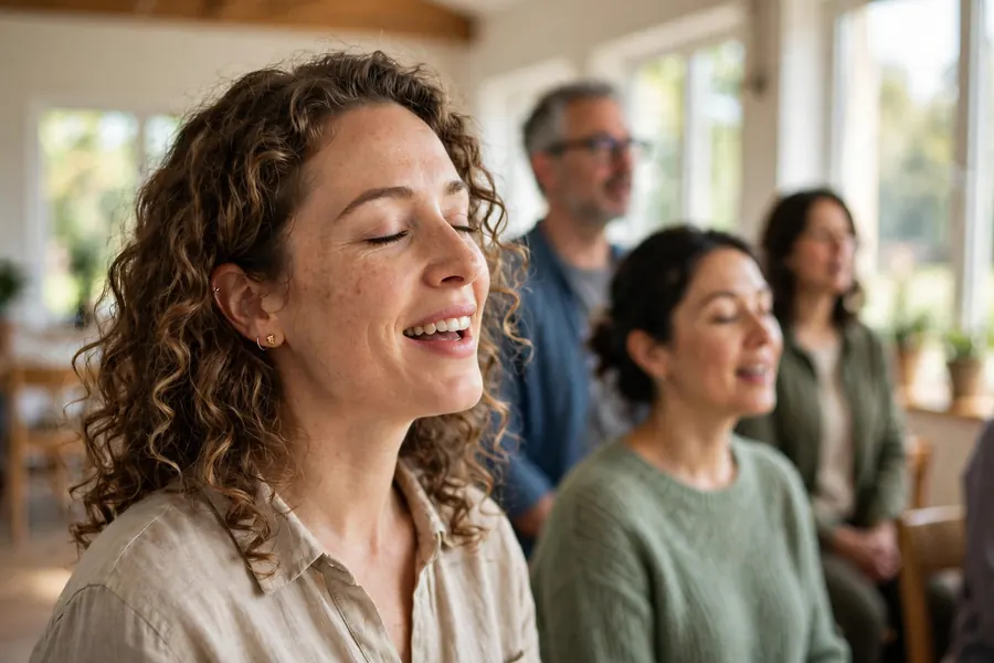 A woman singing gently as part of a small community choir in a bright hall