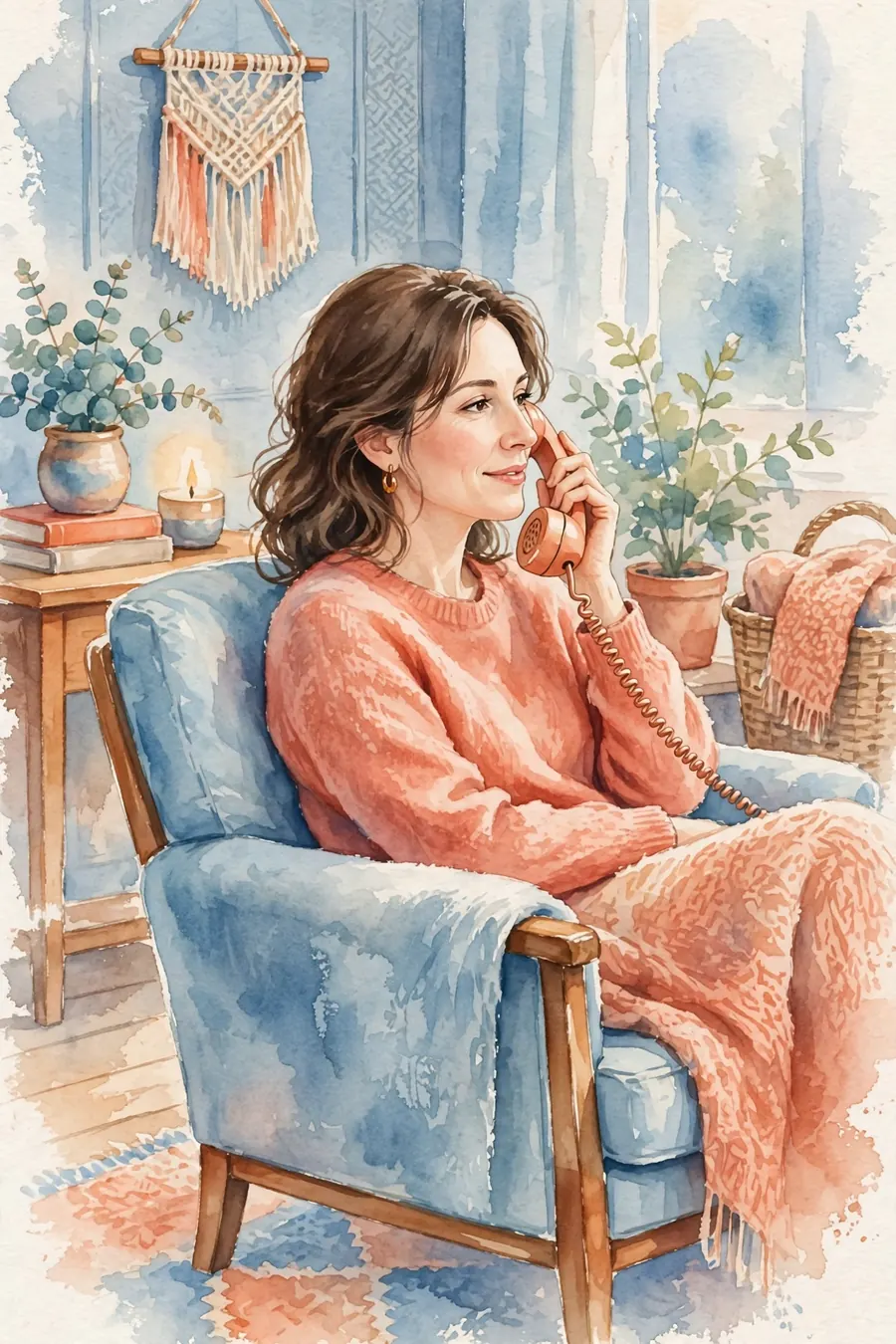 A woman sitting in a comfy chair at home, speaking on the telephone