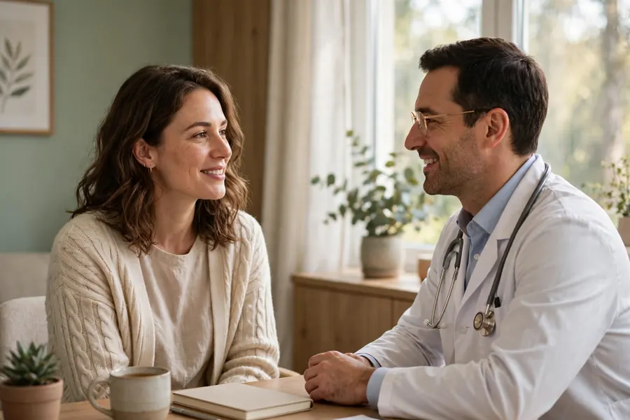 A woman talking with her doctor about her lost voice in a bright consulting room
